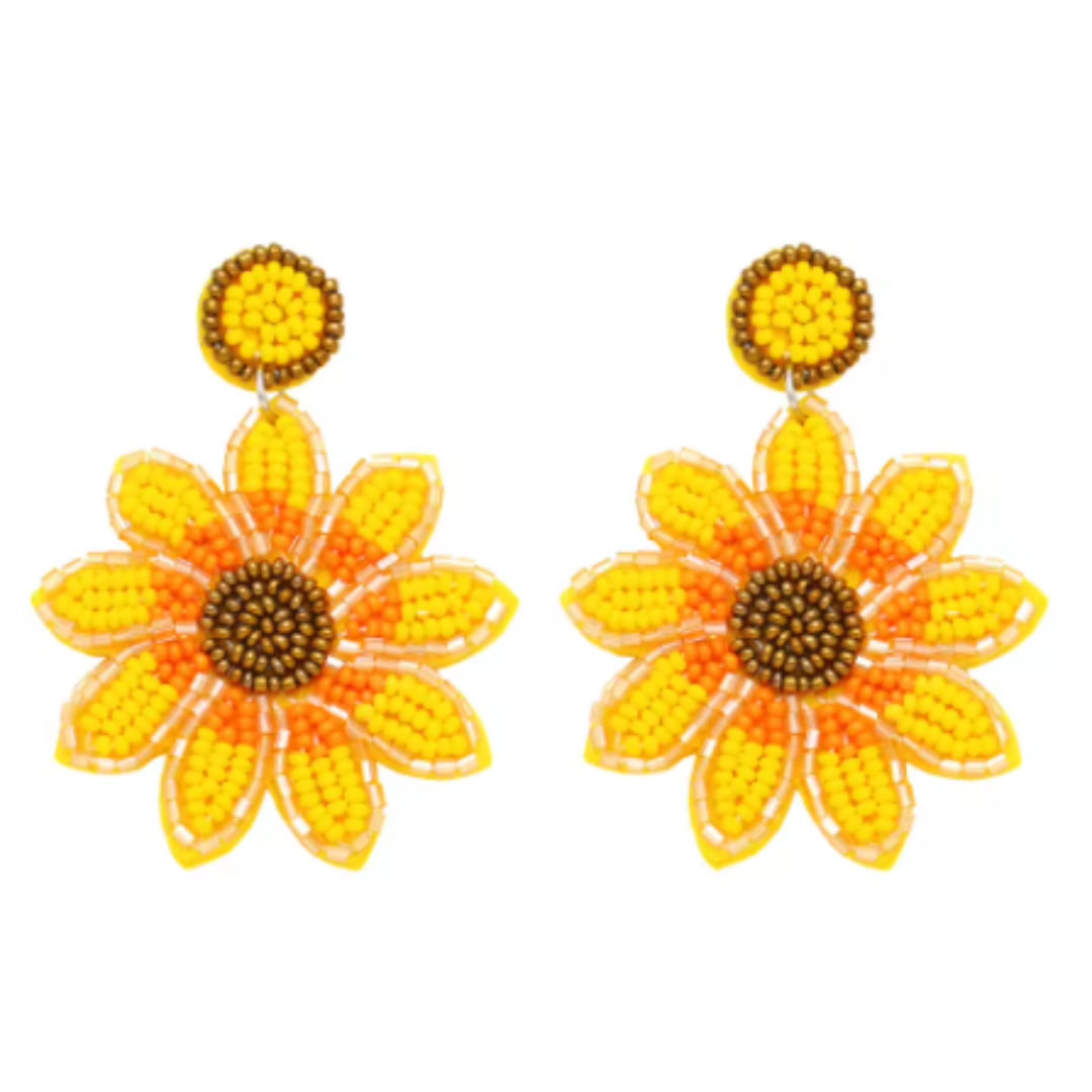 Yellow Beaded Flower Earrings