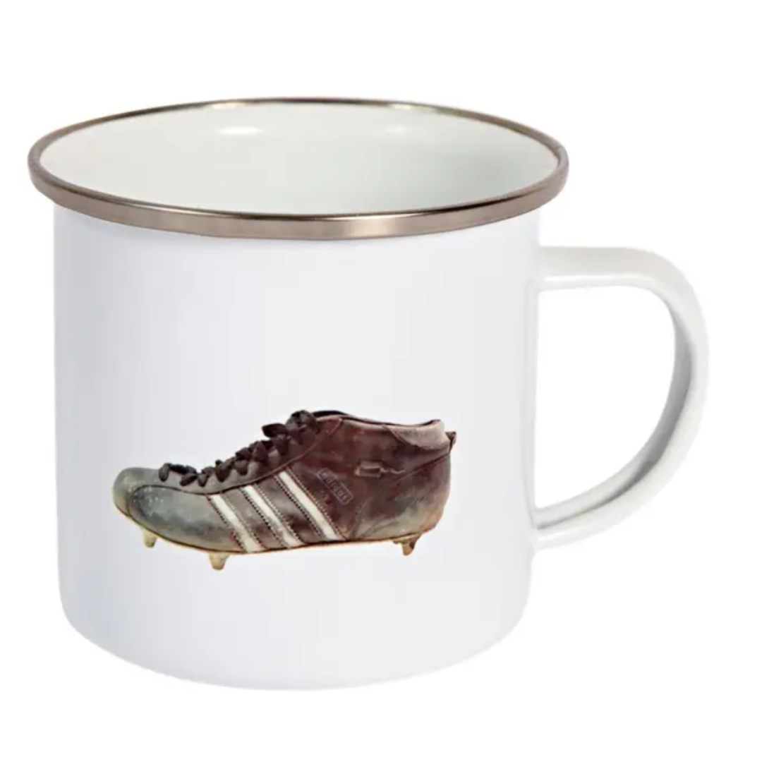 Three stripe football boot enamel mug