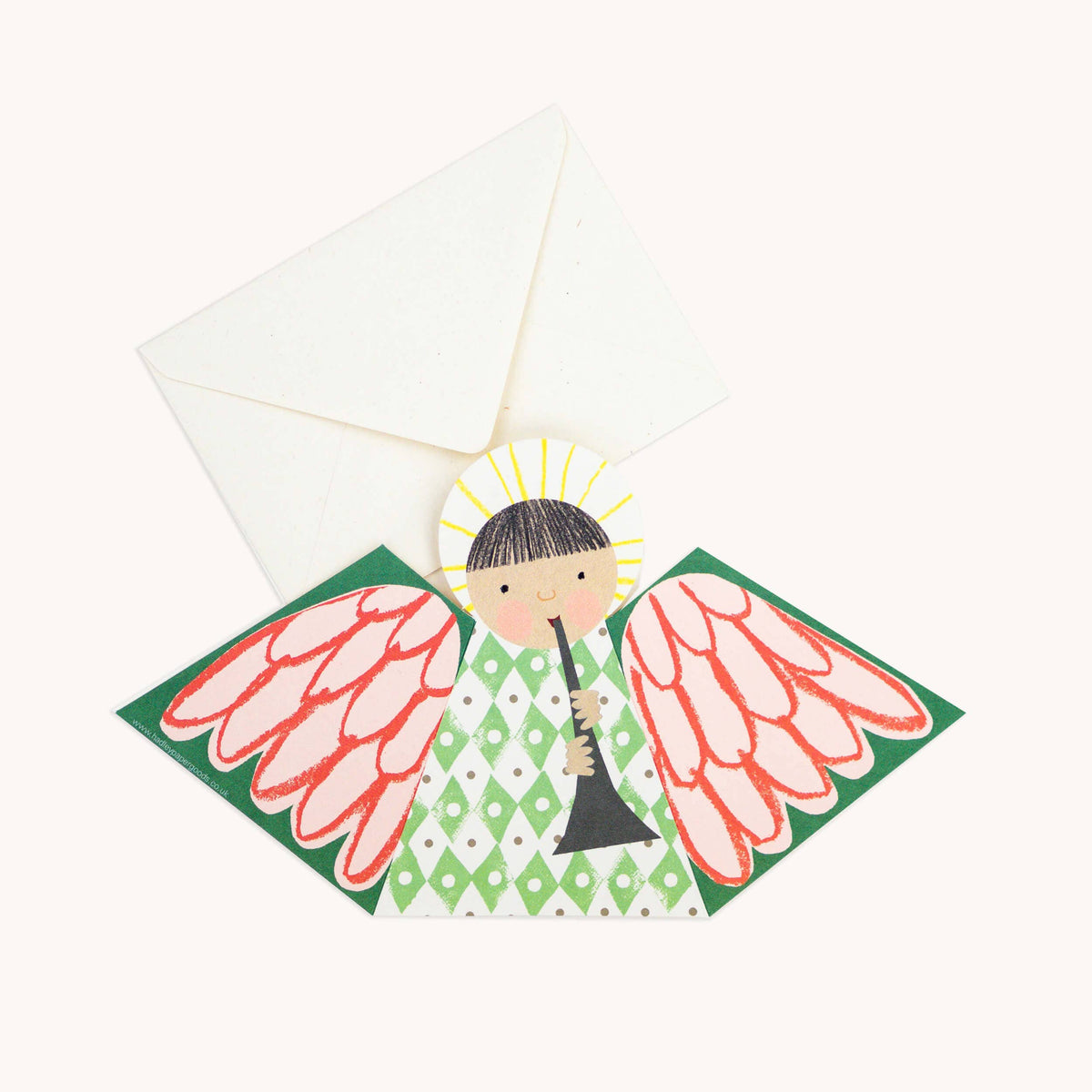 Hadley green choir angel card standing with wings folded out detail
