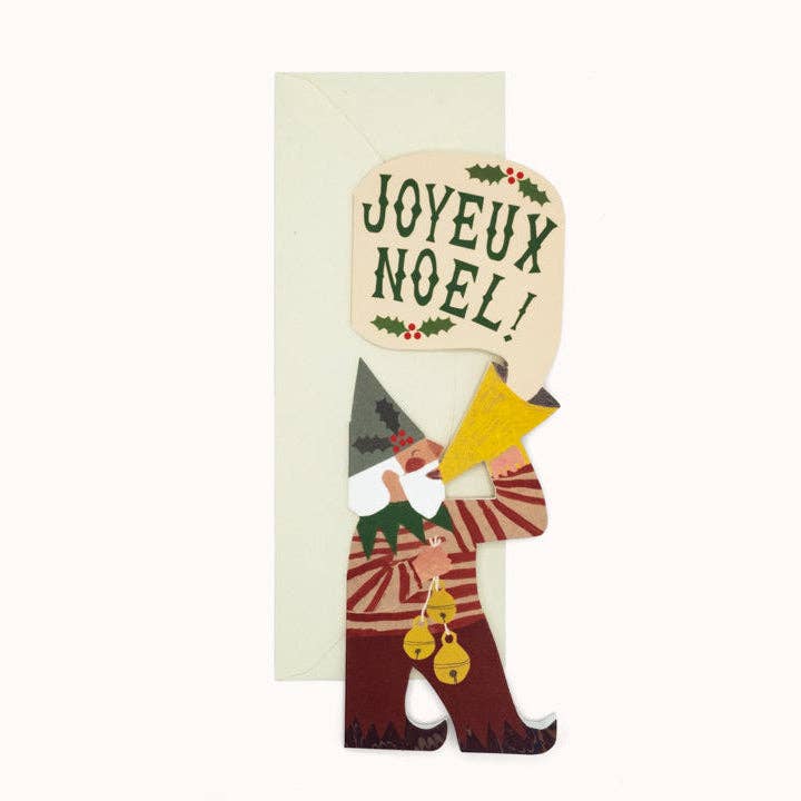 Hadley hand painted Christmas elf card with marbled pointy shoes playing a trumpet
