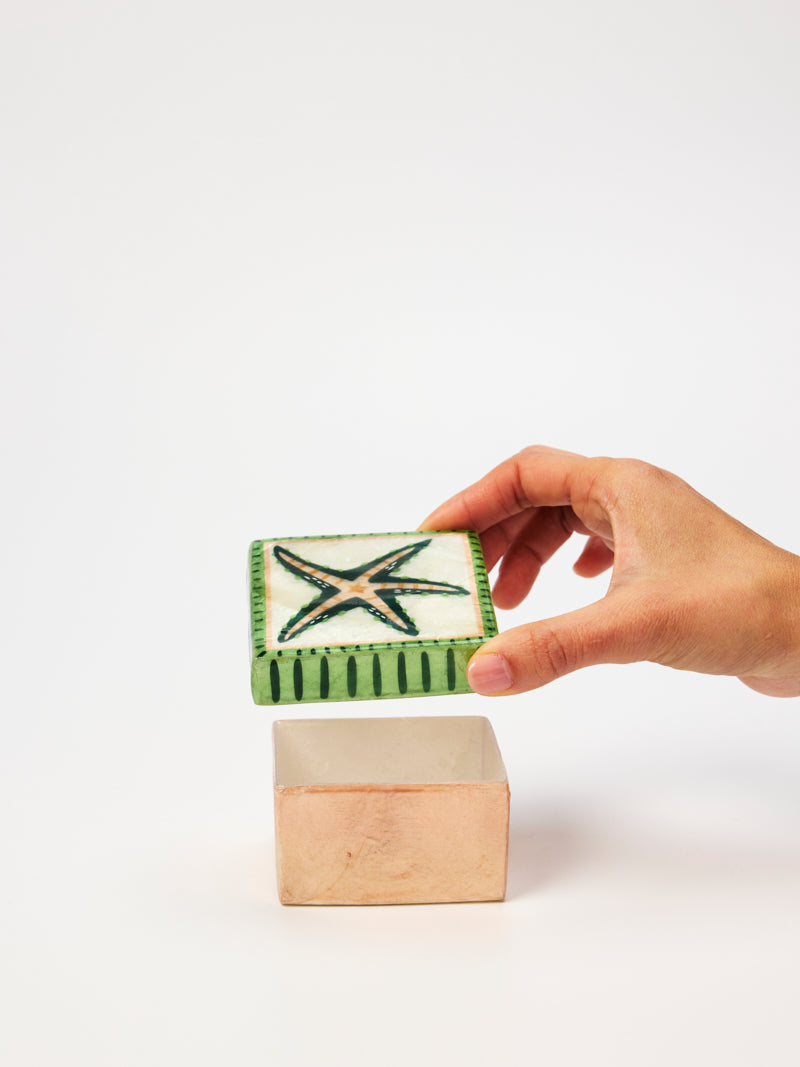Starfish Trinket Box, small hand painted capiz shell trinket box with a green and cream starfish design