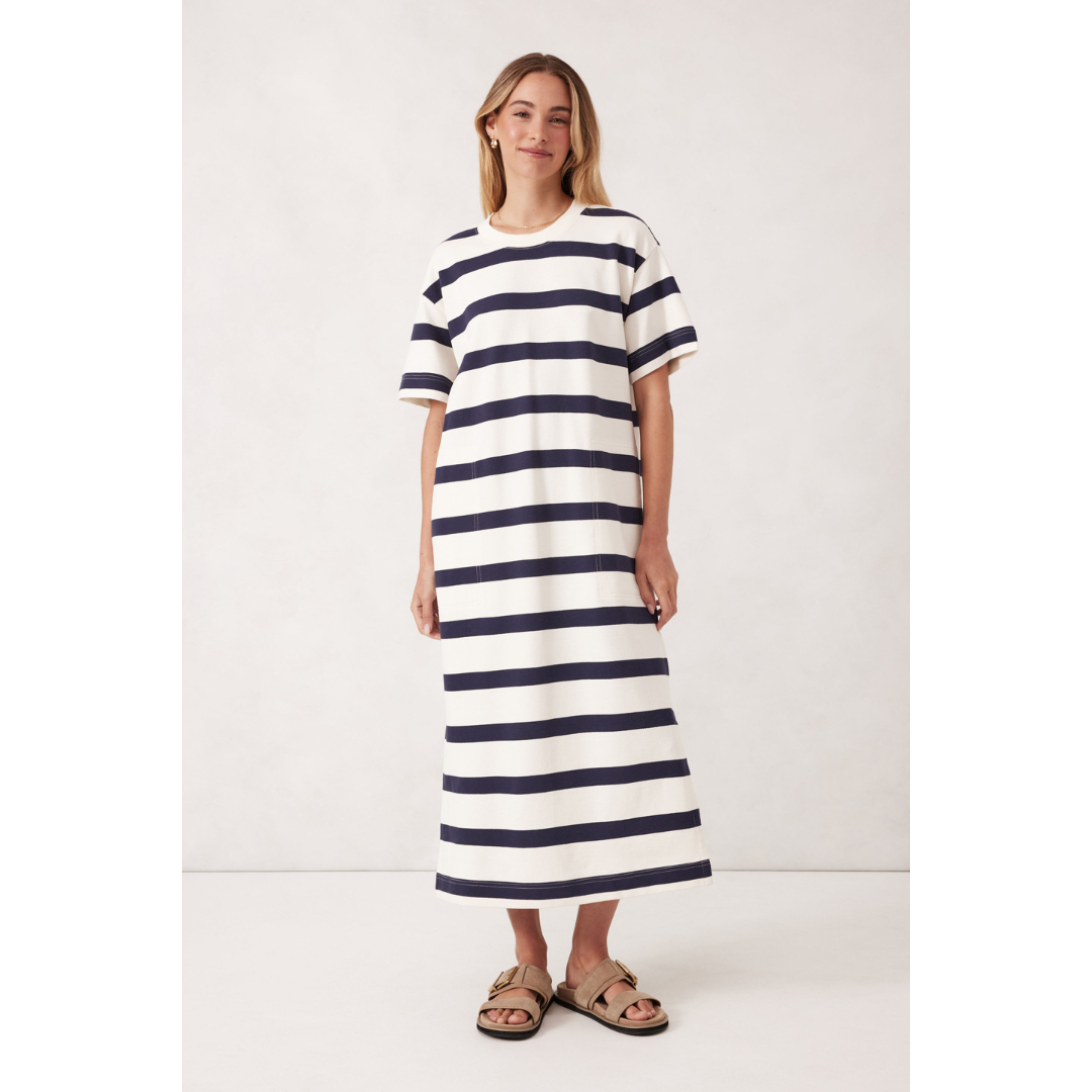 Midi Terry Dress - Navy and White Stripe