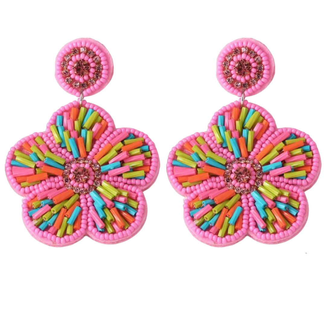 Pink Beaded Flower Earrings