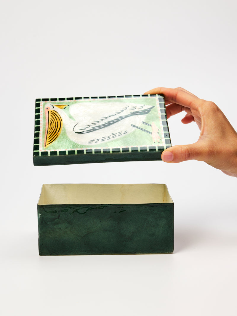 Side view of the hand painted pelican capiz keepsake box