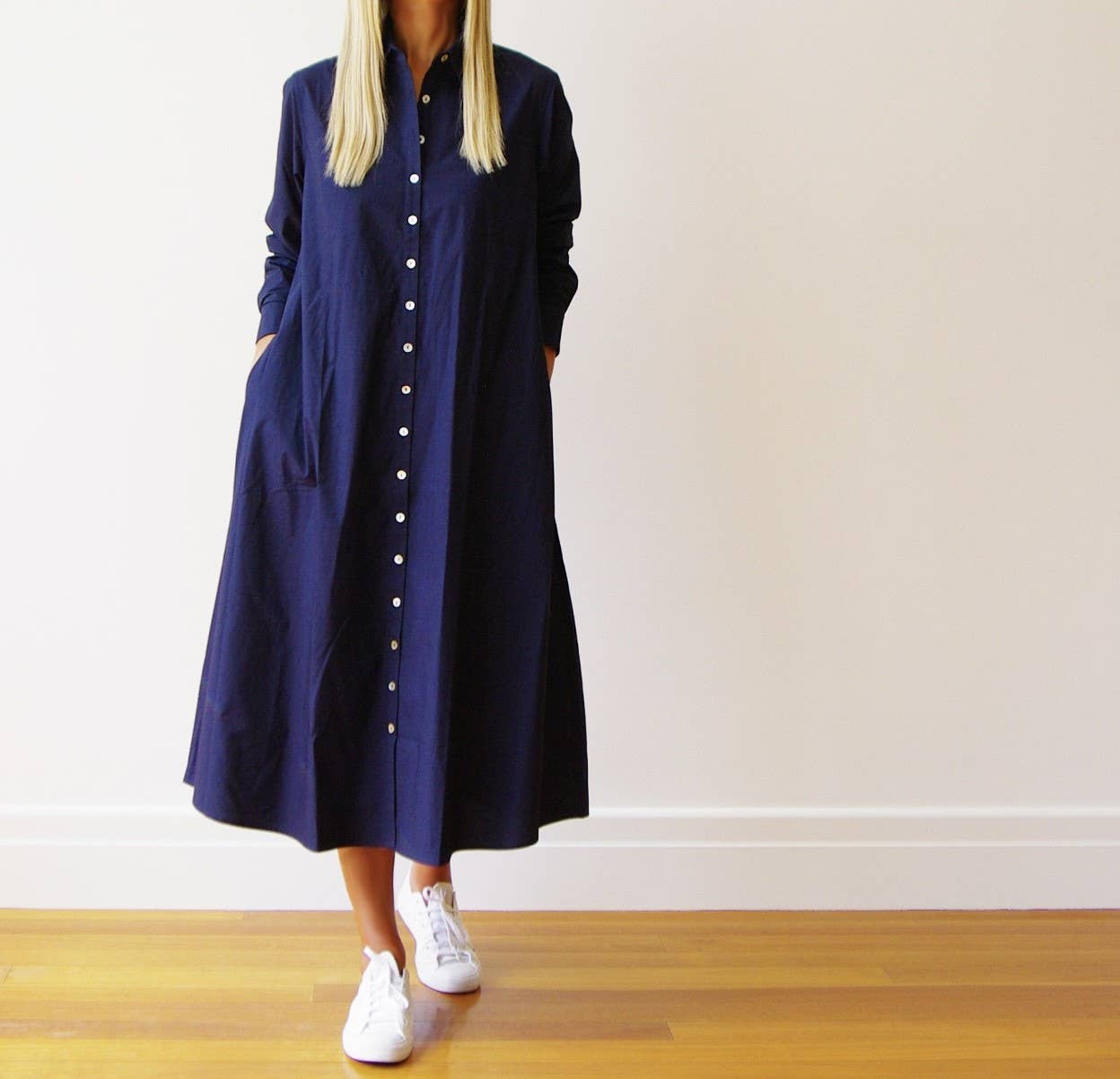 Lillie Navy Blue Cotton Poplin Shirt Dress