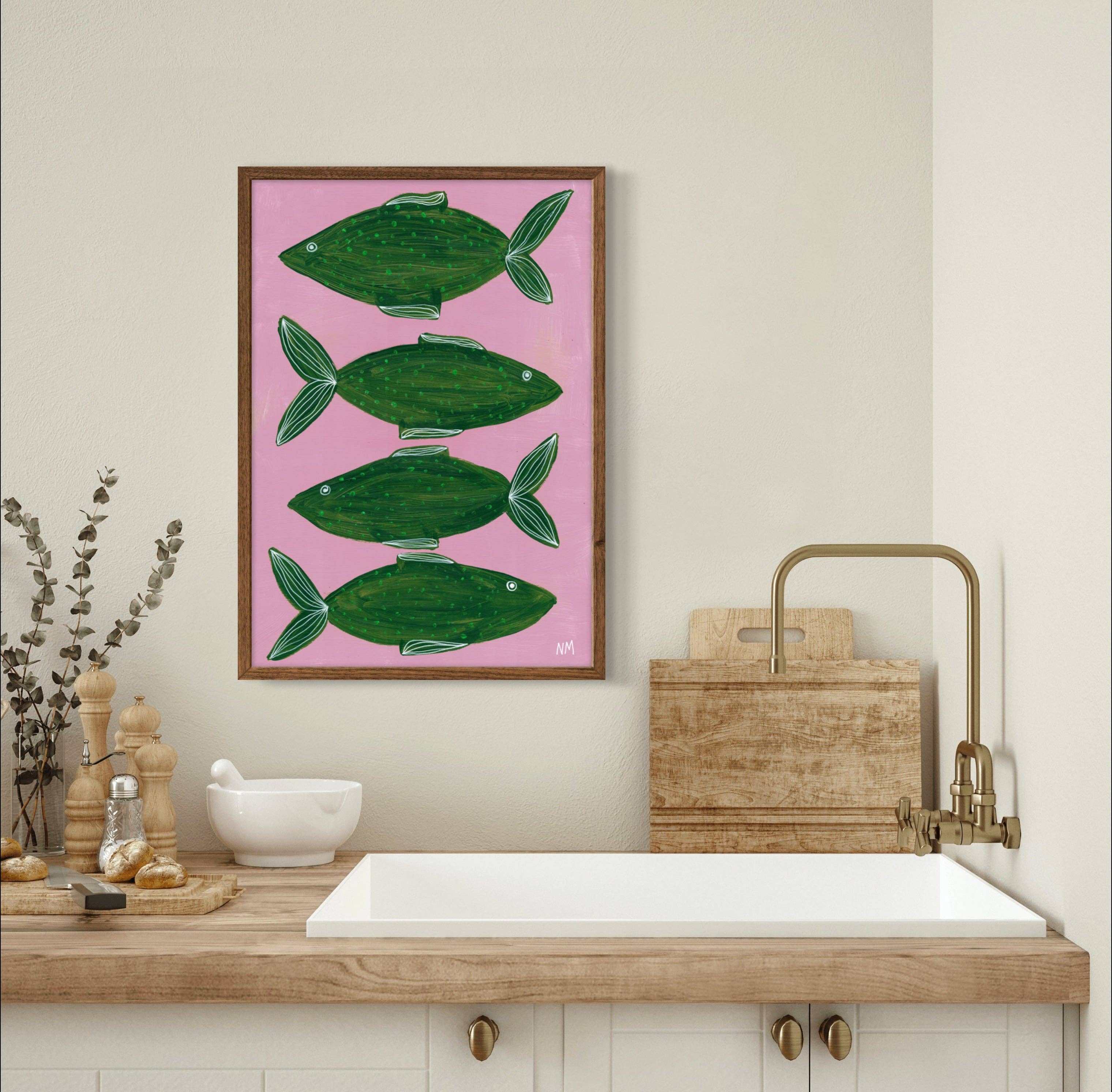 Four Green Fish by Nancy McKie - unframed