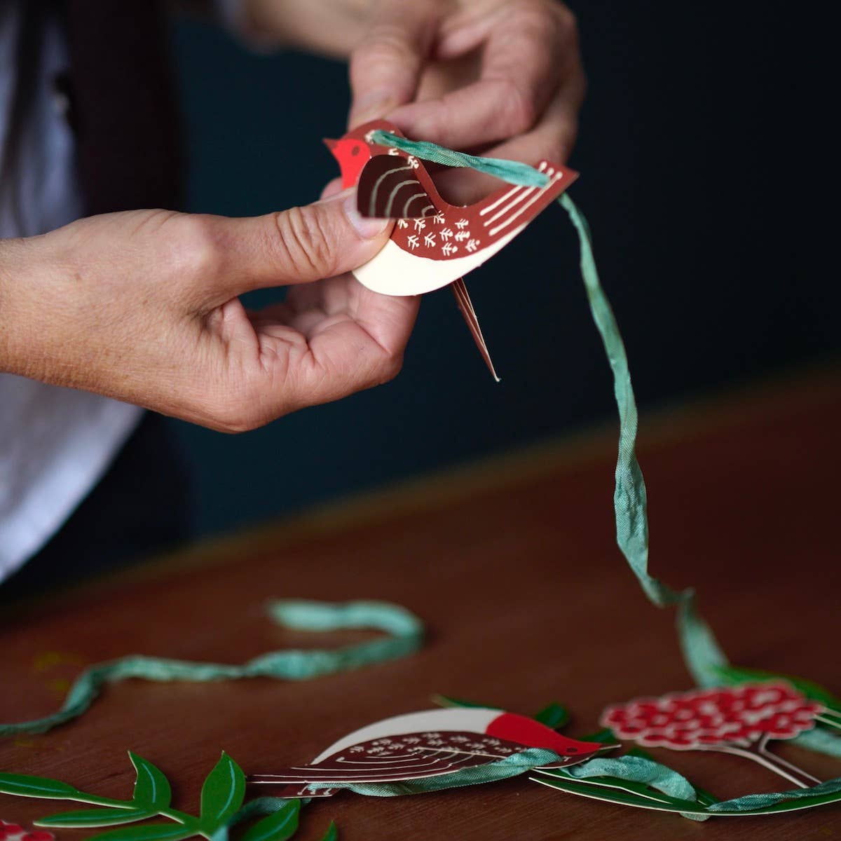 Cambridge Imprint paper garland of robins and red rowan berry sprigs, view 4