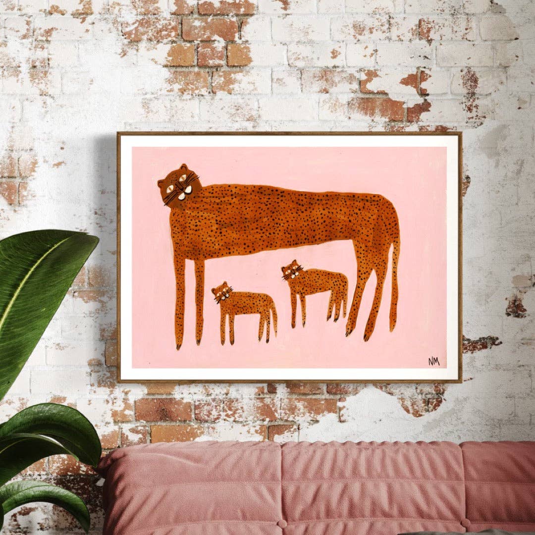 Leopard & Babies on pink by Nancy McKie - unframed