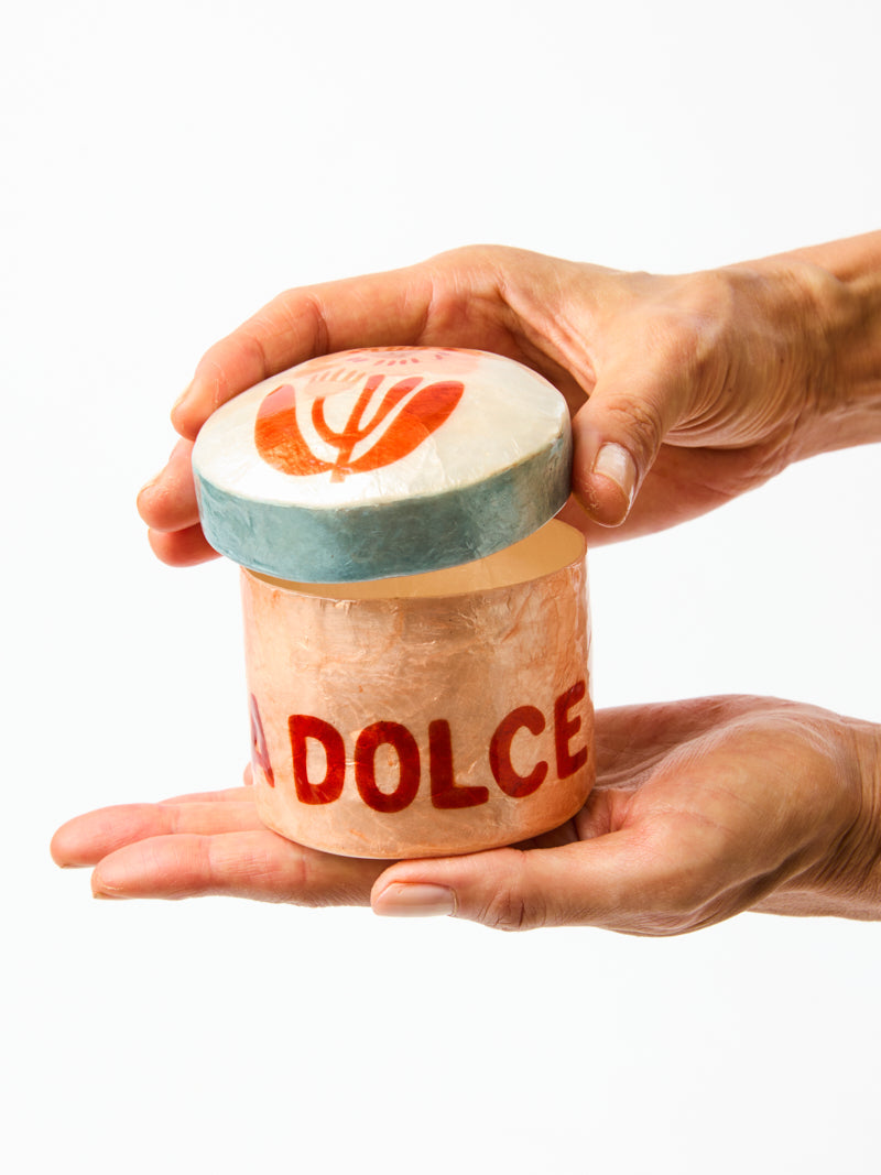 Dolce Vita Trinket Box, hand painted capiz shell trinket box with dolce vita lettering