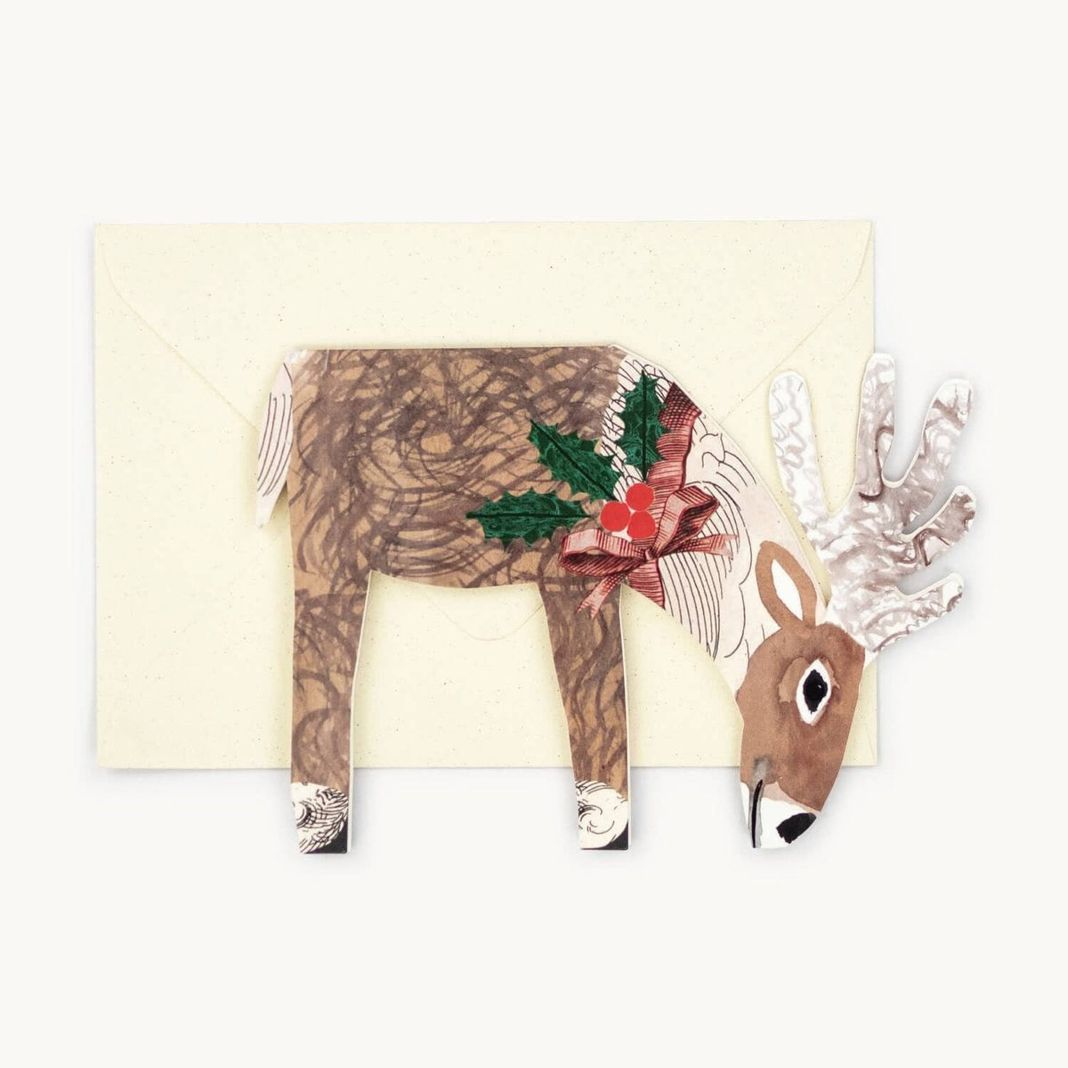 Hadley Christmas card of a reindeer wearing a bow with holly