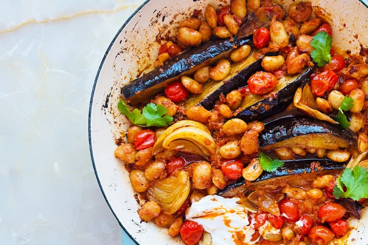 Roasted aubergines and butter beans in Ottolenghi Calabrian chilli pesto