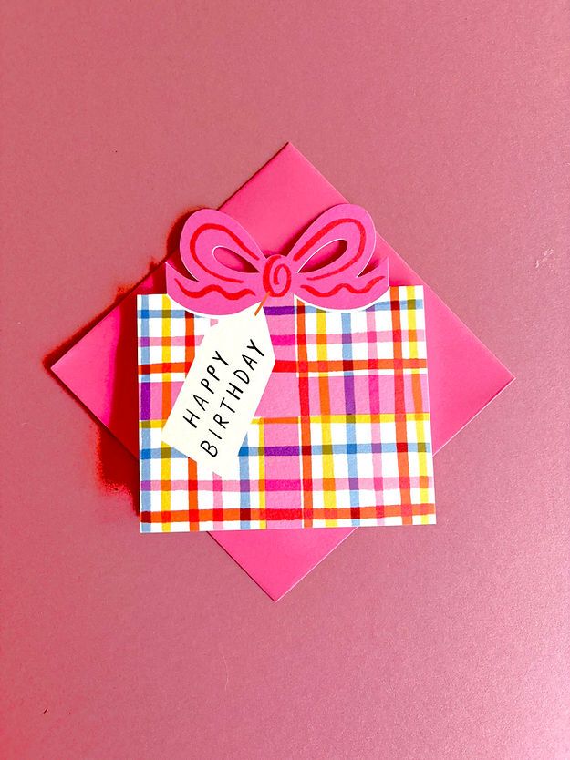 Birthday Present Greeting Card - Multi Colour Gingham