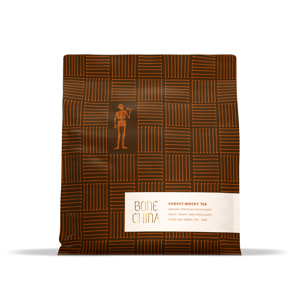 Bone China Choccy-Wocky cacao husk chocolate tea 100g loose leaf pouch with toile print and gold logo