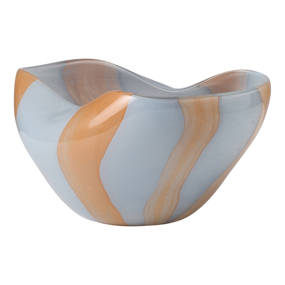 Handmade glass bowl with swirls of sky blue and amber and a wavy rim