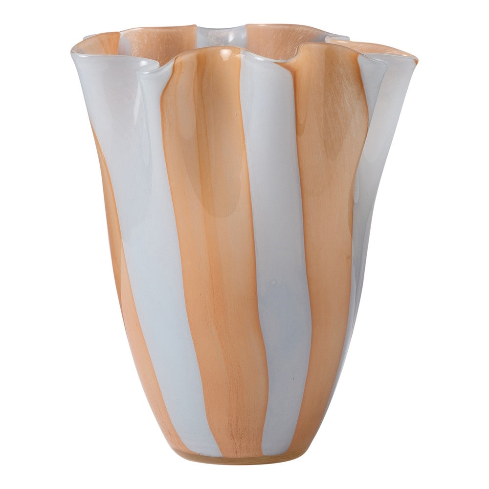Handmade glass vase with swirls of sky blue and amber and a wavy rim