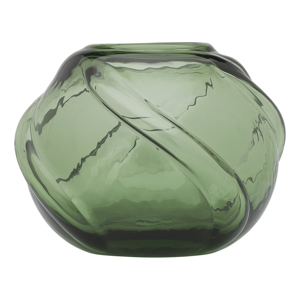 Round moss green glass vase with thick twisted ridges