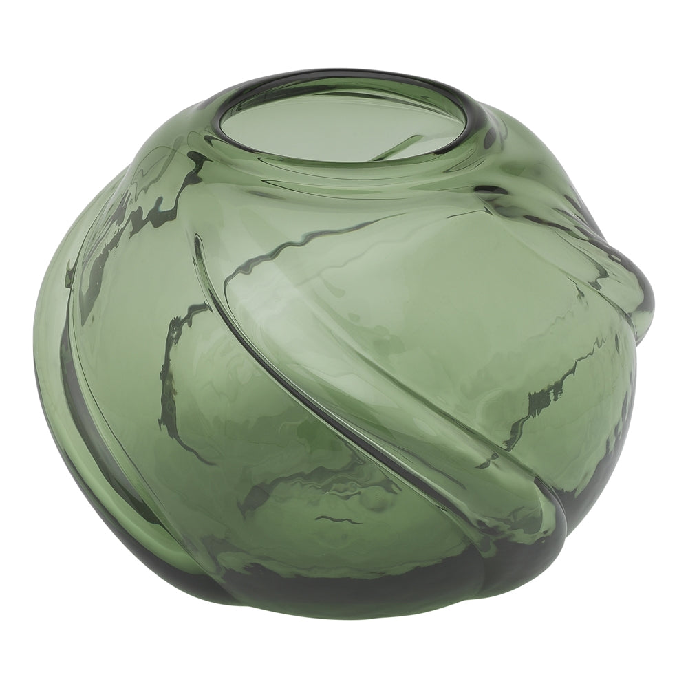 Round moss green glass vase with thick twisted ridges