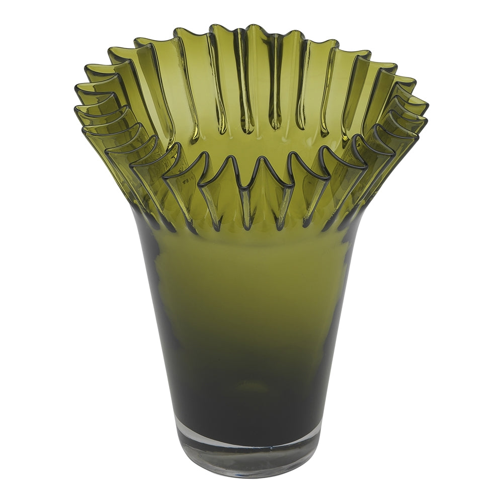 Tall transparent green fluted glass vase with a pleated rim