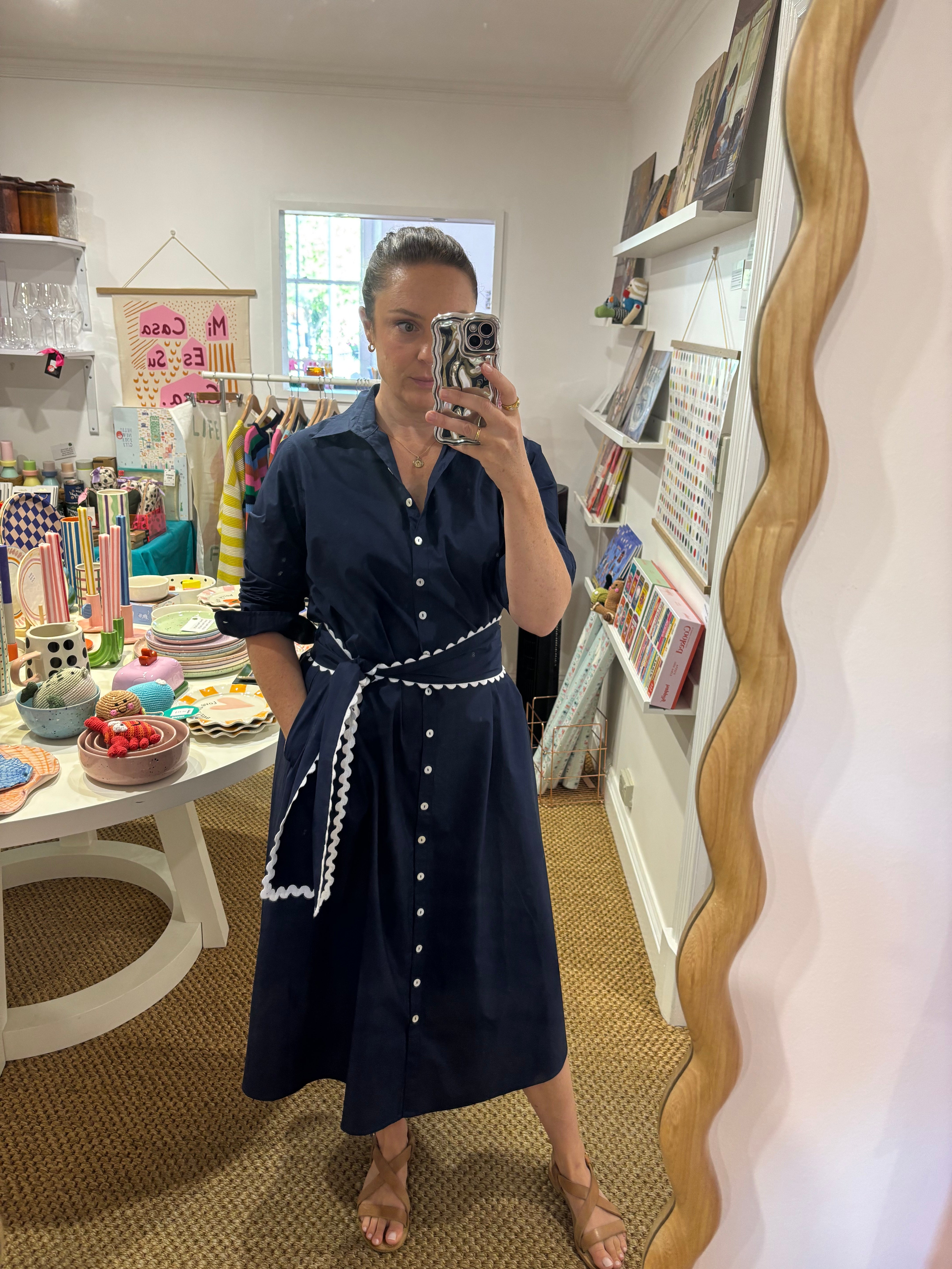 Lillie Navy Blue Cotton Poplin Shirt Dress