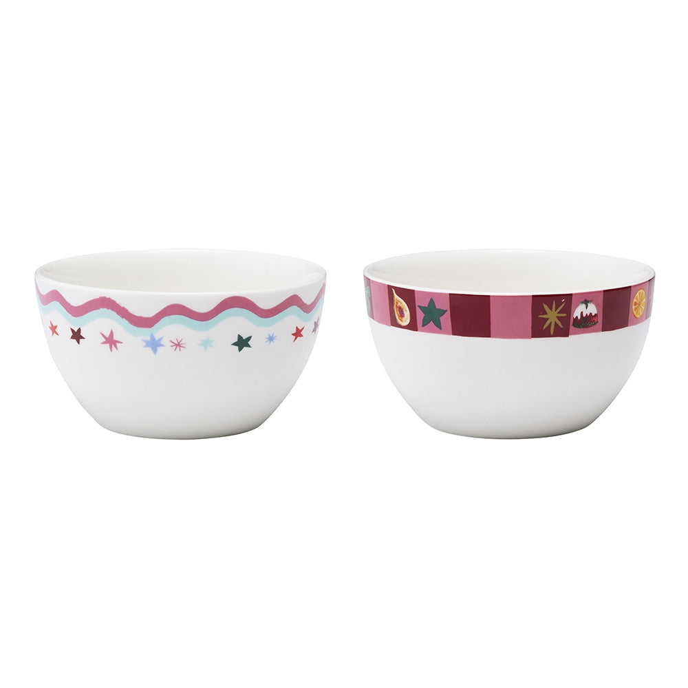 Two porcelain dip bowls with a Christmas treats print