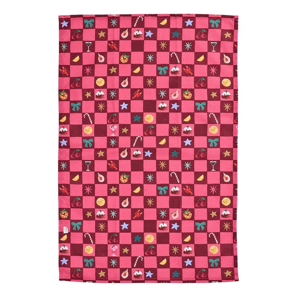 Two cotton tea towels with a mince pie Christmas print