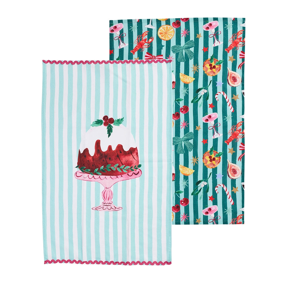 Two cotton tea towels with a Christmas pudding print