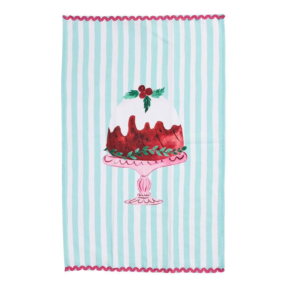 Two cotton tea towels with a Christmas pudding print