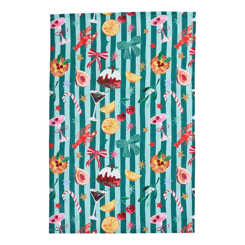 Two cotton tea towels with a Christmas pudding print