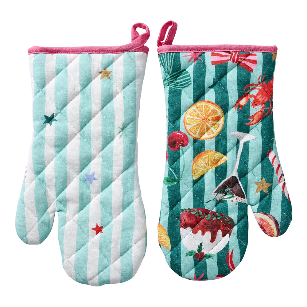 Two padded cotton oven gloves with a Christmas treats print