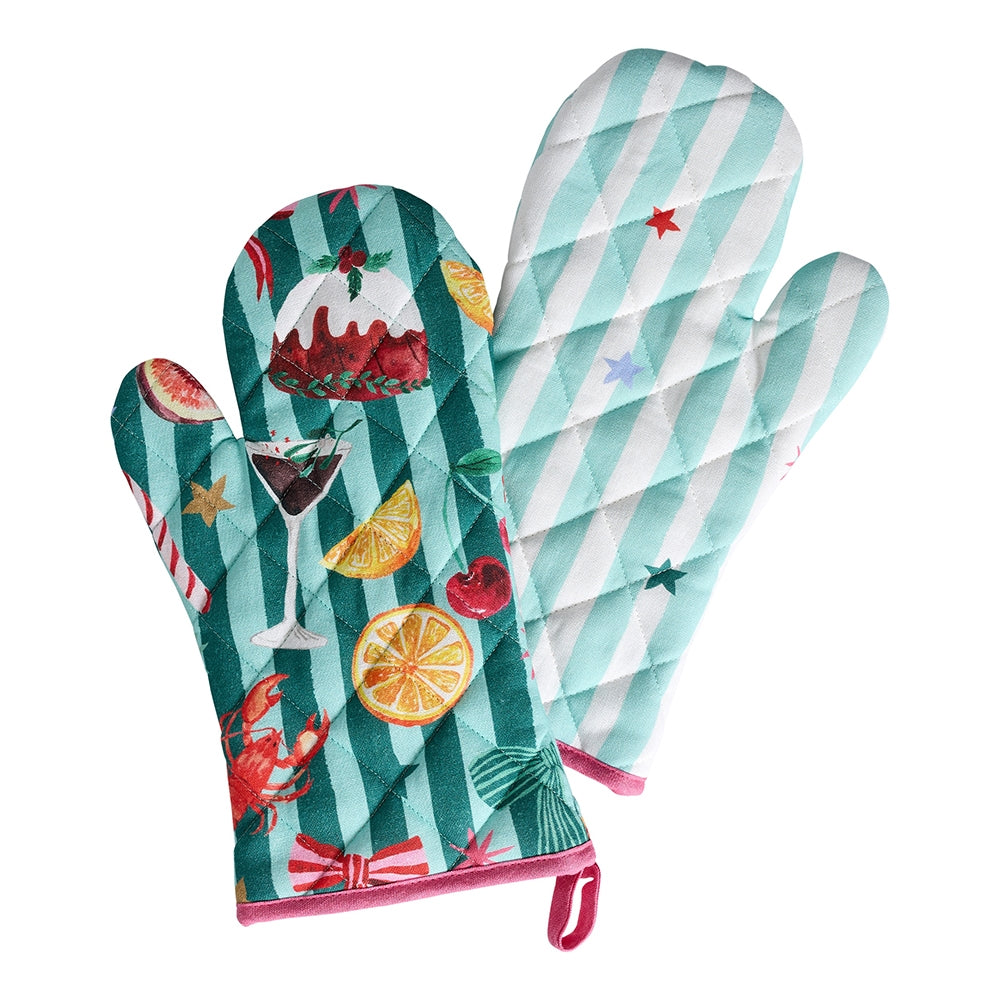 Two padded cotton oven gloves with a Christmas treats print