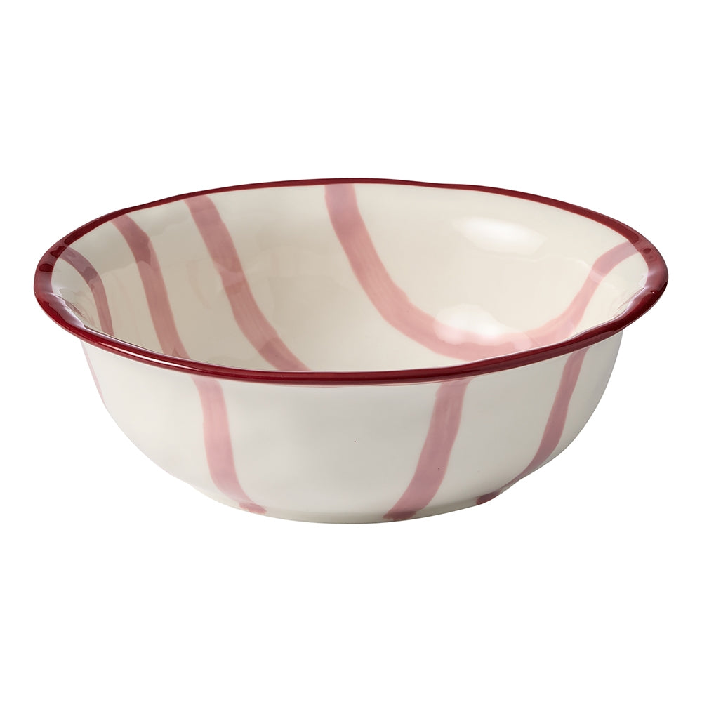 Stoneware serving bowl with red stripes, a maroon rim and dimpled texture