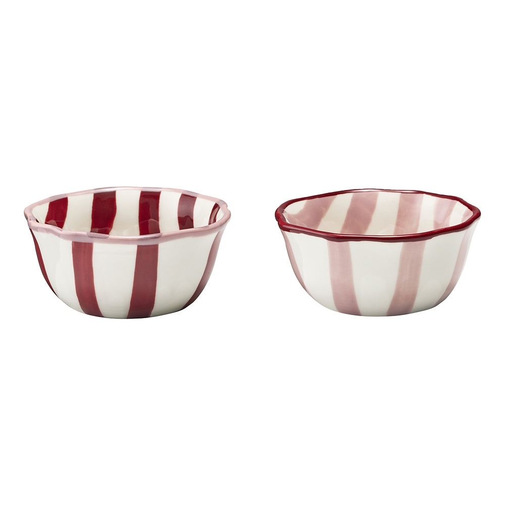 Two small stoneware dip bowls with red stripes and a maroon rim