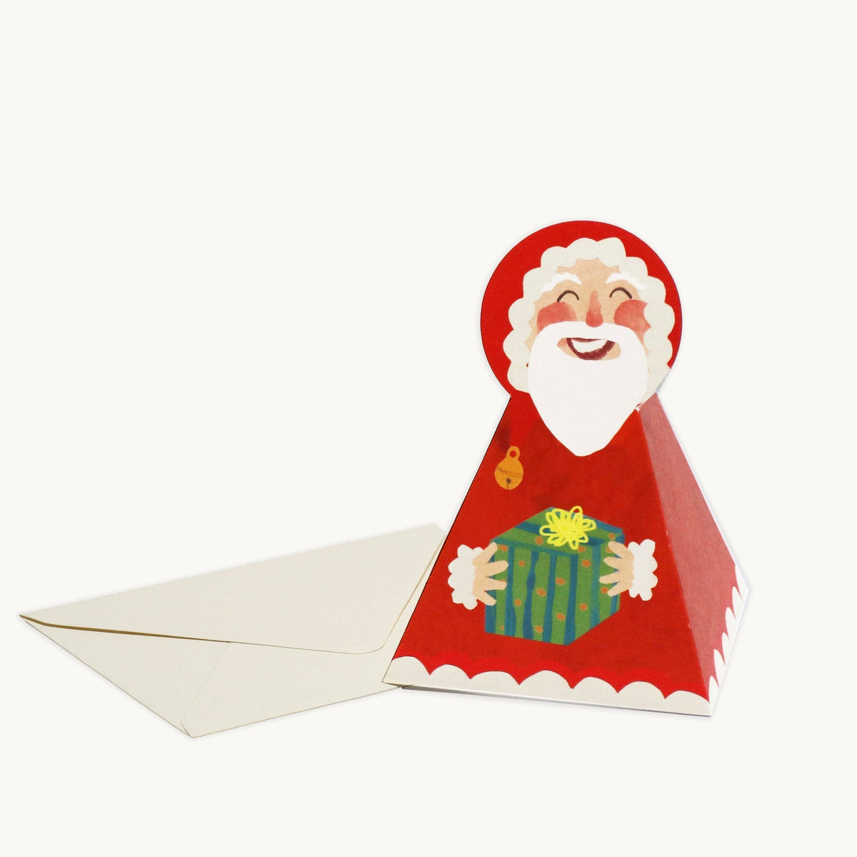 Hadley hand painted Santa Claus stand up Christmas card carrying a gift