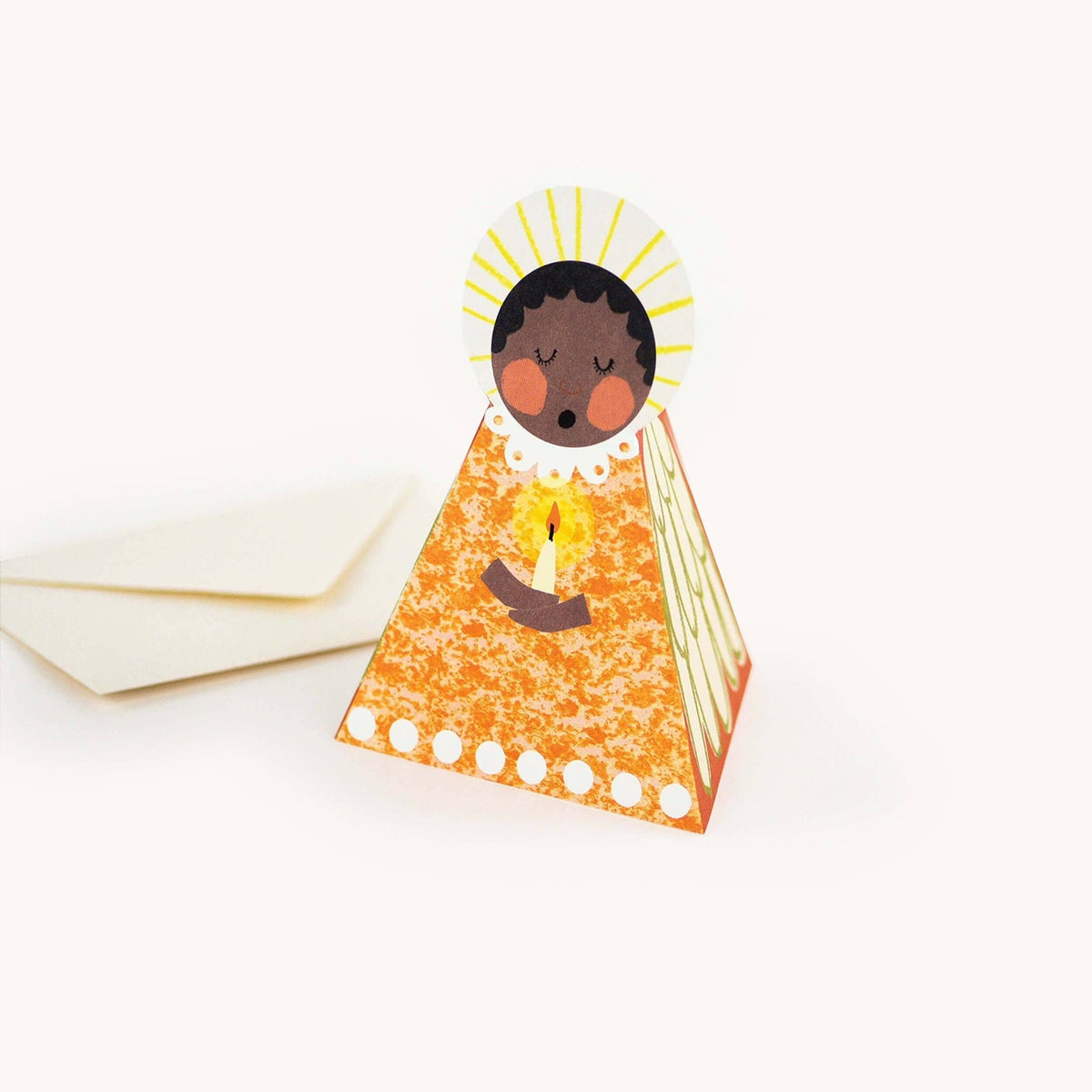 Hadley orange choir angel card standing with wings folded out detail