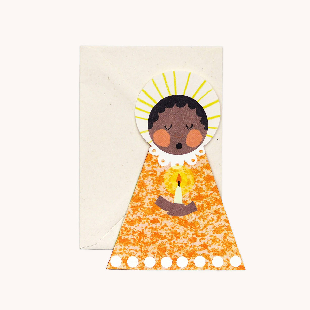 Hadley orange choir angel card standing with wings folded out