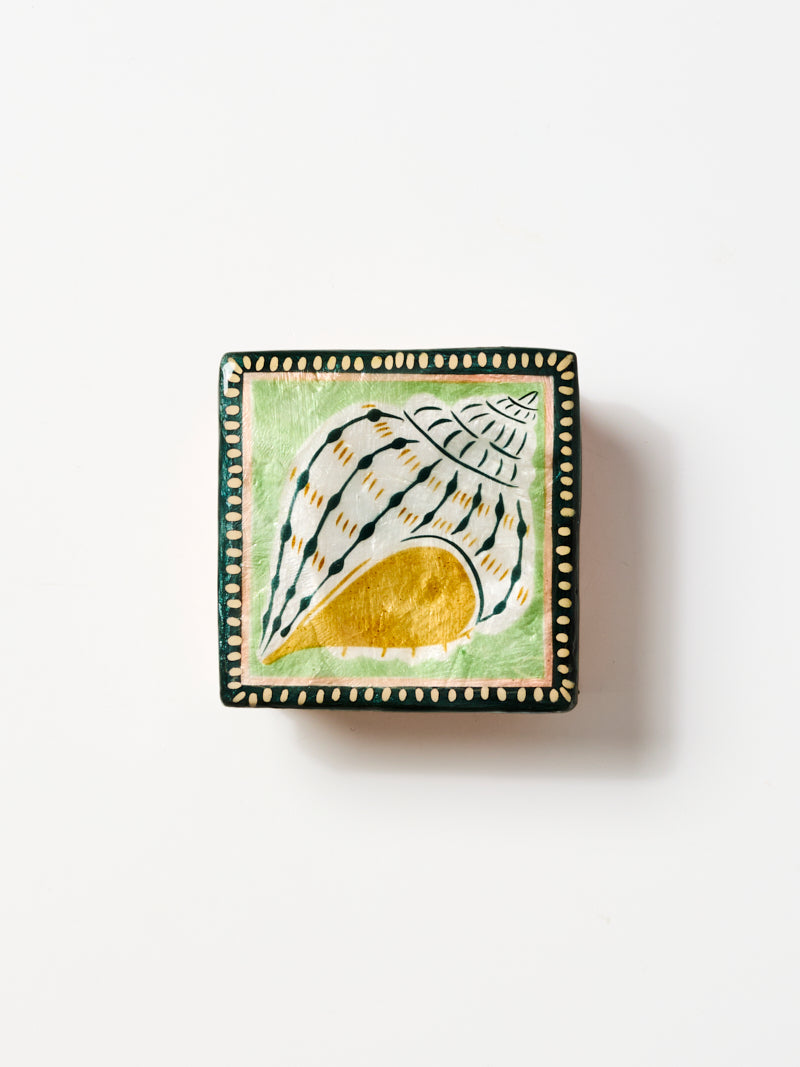 Side view of the hand painted seashell capiz trinket box