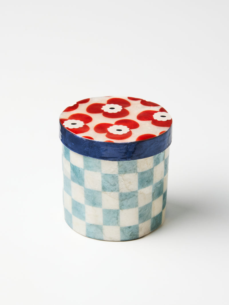 Side view of the blue gingham hand painted capiz shell box