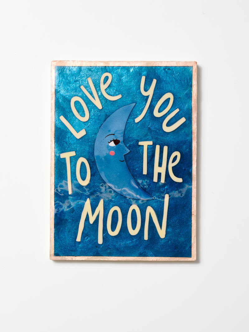 Love You To The Moon Wall Tile, hand painted capiz shell wall tile with a crescent moon and Love You To The Moon lettering in deep blue