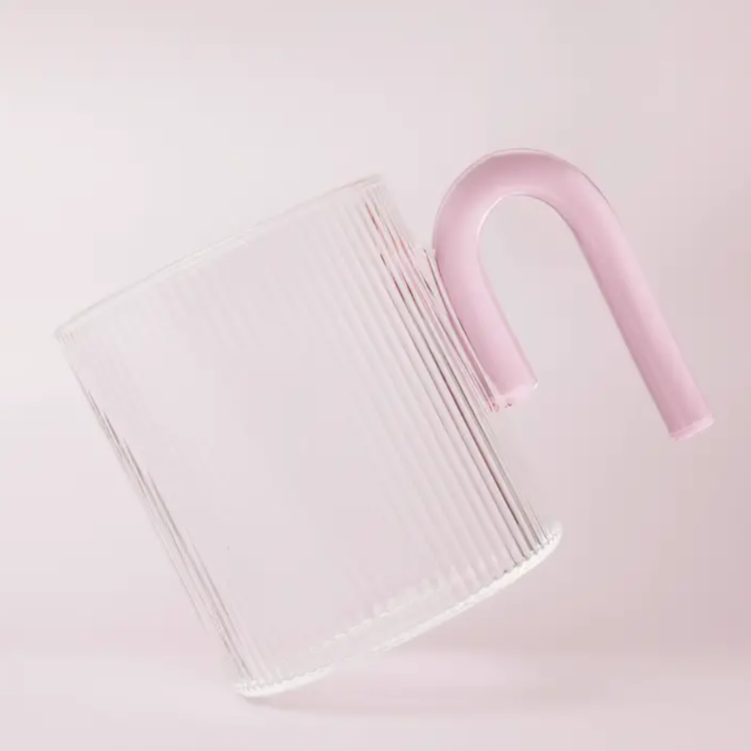 Ribbed Glass Mug - Clear and Taffy Pink