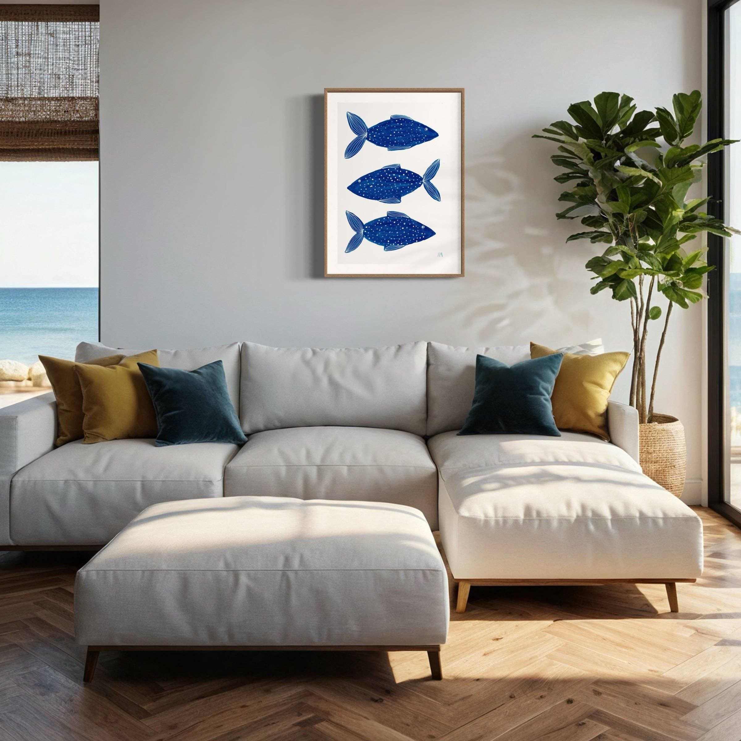 Three blue fish By Nancy McKie - Unframed