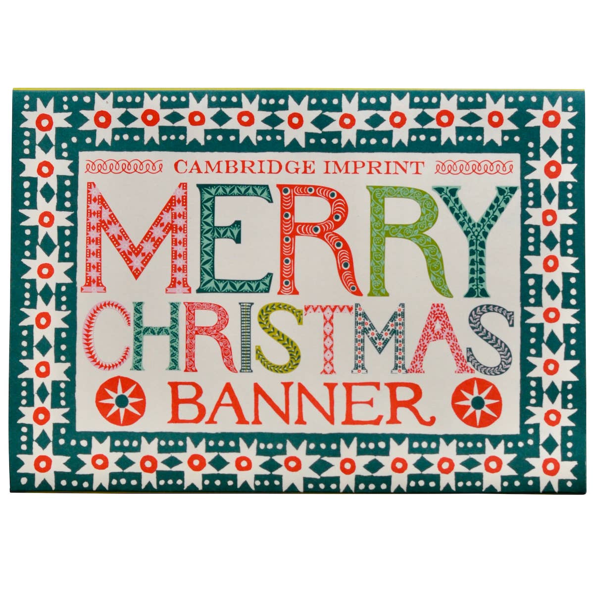 Cambridge Imprint Merry Christmas paper banner with red and green patterned letters and holly sprigs
