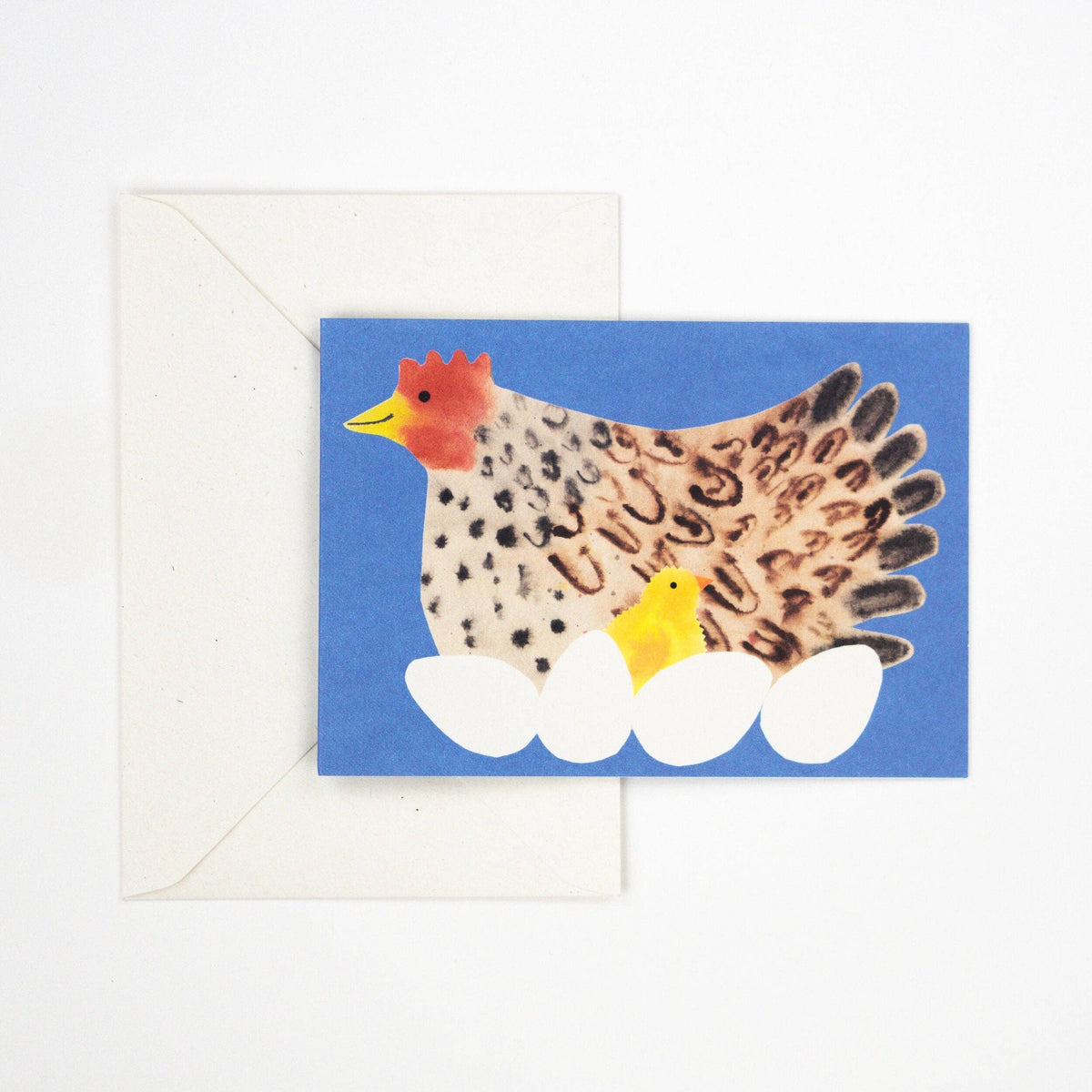Hadley greeting card of a plump hen with her chick and a clutch of eggs detail