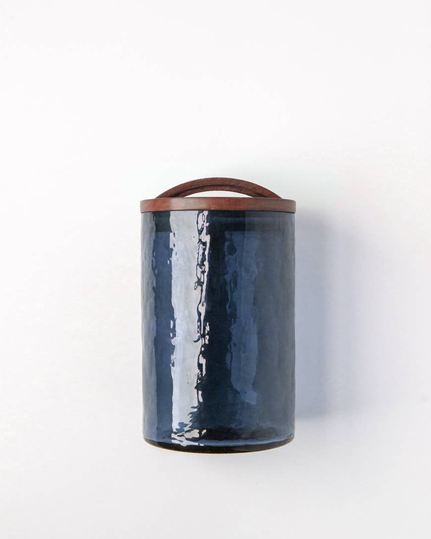 Medium Handblown Hammered Glass Canisters - Blue