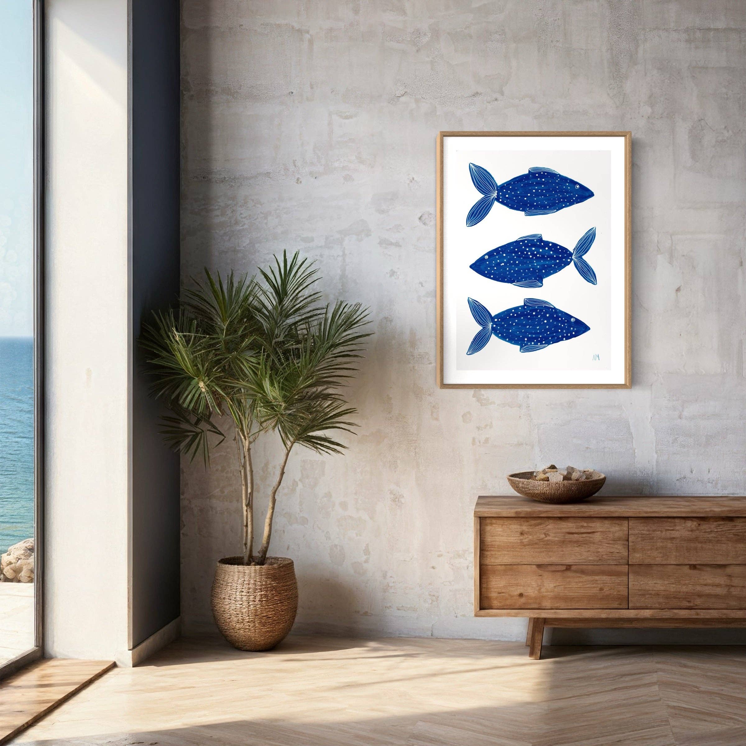 Three blue fish By Nancy McKie - Unframed