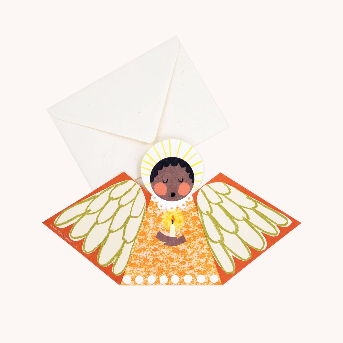 Hadley orange choir angel card standing with wings folded out detail