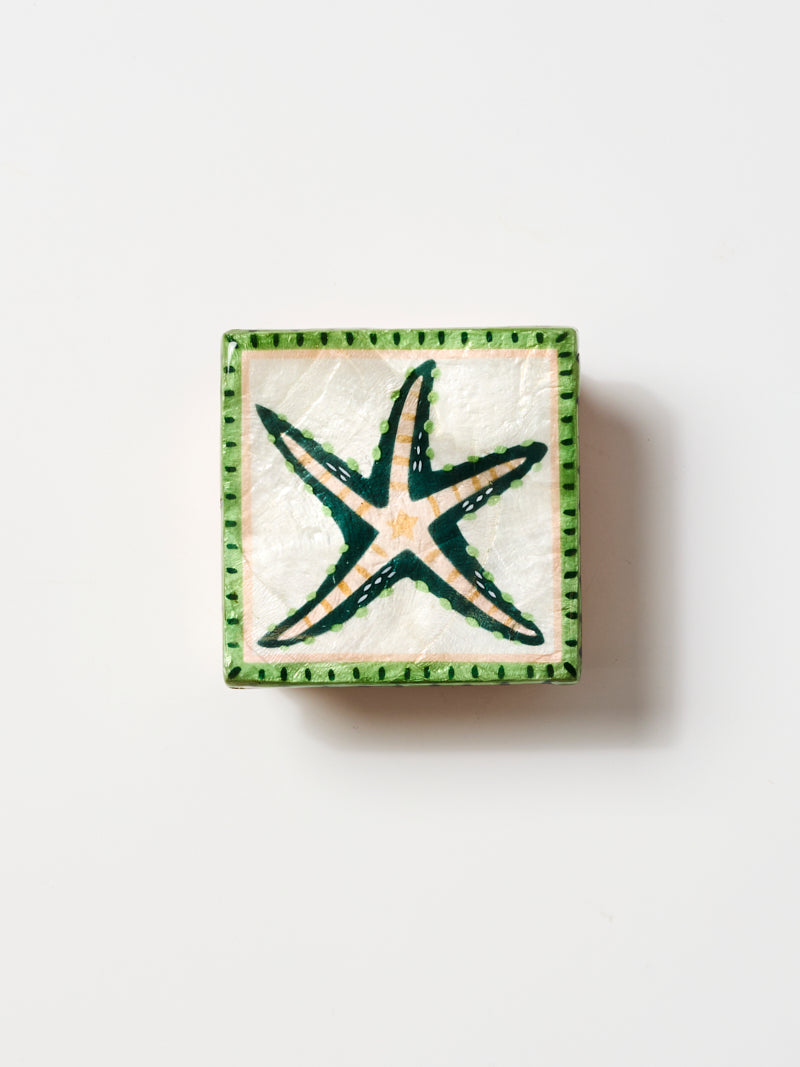 Side view of the hand painted starfish capiz box