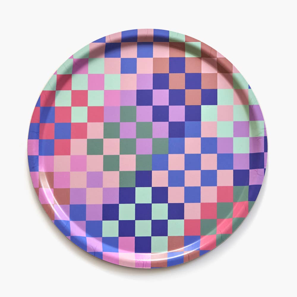 Multicolor Checker Round Serving Tray - 38 cm