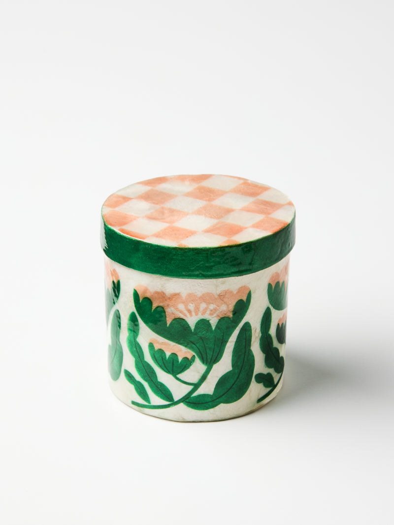 Side view of the blush and green hand painted capiz shell box