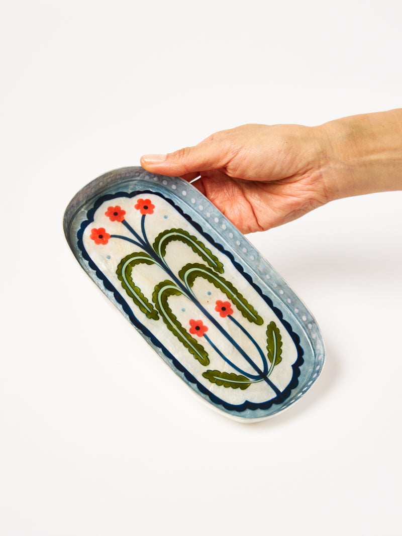 Flowering Plant Capiz Tray, hand painted capiz shell tray with a green and red flowering plant design